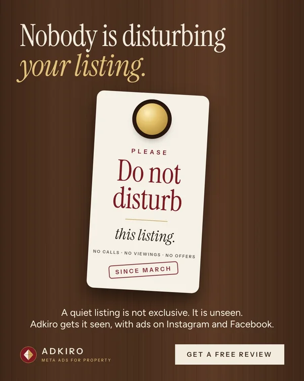 Adkiro's own ad for Dubai agencies: a hotel door hanger reading Please do not disturb this listing, no calls, no viewings, no offers, headed Nobody is disturbing your listing