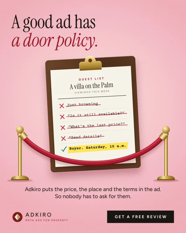 Adkiro's own ad for Dubai agencies: a guest list on a clipboard behind a red velvet rope, with Just browsing, Is it still available?, What's the last price? and Send details crossed out and Buyer, Saturday, 10 a.m. ticked, headed A good ad has a door policy