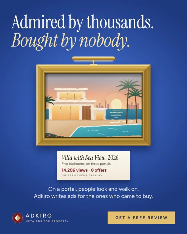 Adkiro's own ad for Dubai agencies: a painting of a sea-view villa in a gold museum frame, its label reading 14,206 views, 0 offers, on permanent display, headed Admired by thousands. Bought by nobody.