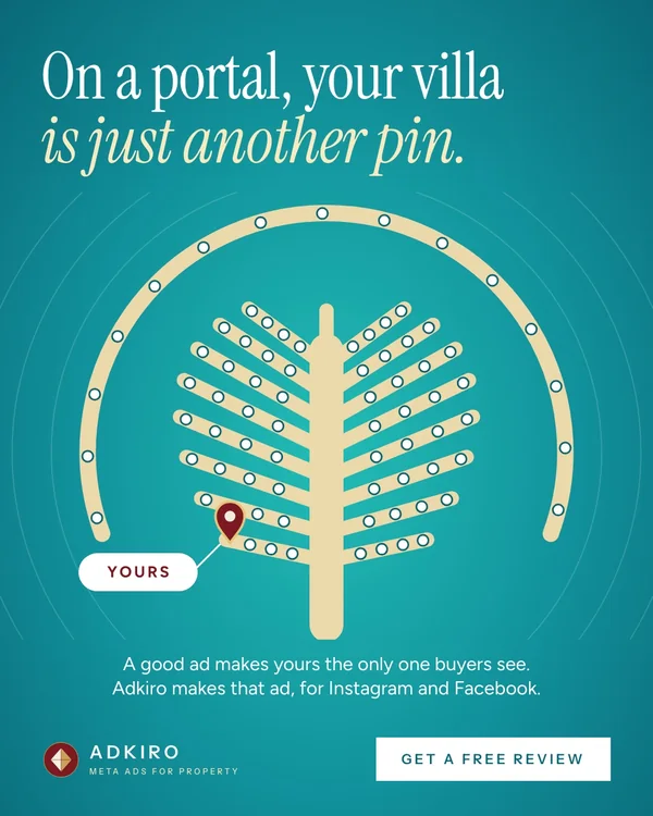 Adkiro's own ad for Dubai agencies: a map of Palm Jumeirah covered in identical pins, one of them marked Yours, headed On a portal, your villa is just another pin