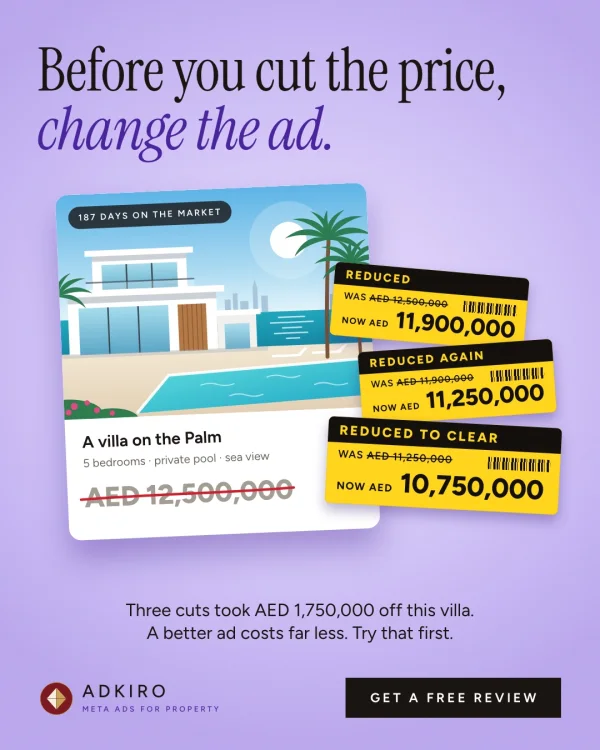 Adkiro's own ad for Dubai agencies: a listing card for a villa on the Palm, 187 days on the market, under three yellow stickers that cut its price from AED 12,500,000 to 10,750,000, headed Before you cut the price, change the ad