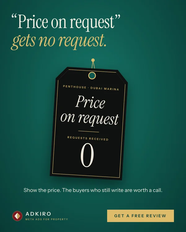 Adkiro's own ad for Dubai agencies: a black price tag for a Dubai Marina penthouse reading Price on request, requests received 0, headed Price on request gets no request