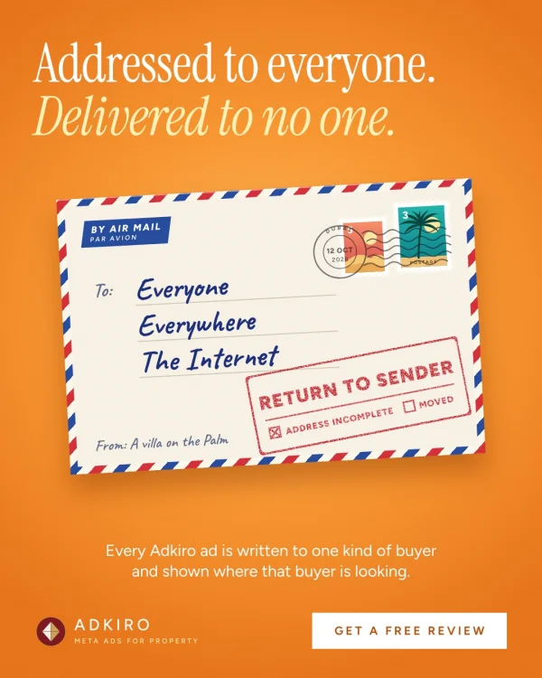 Adkiro's own ad for Dubai agencies: an airmail envelope addressed to Everyone, Everywhere, The Internet and stamped Return to sender, address incomplete, headed Addressed to everyone. Delivered to no one.