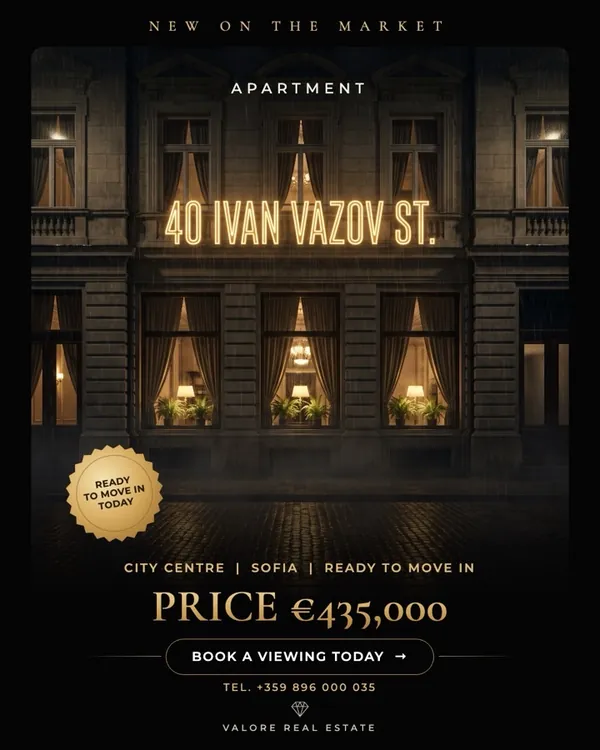 Ad for a real listing at 40 Ivan Vazov Street, Sofia: a neon sign reading 40 Ivan Vazov St. on a historic facade at night, price €435,000