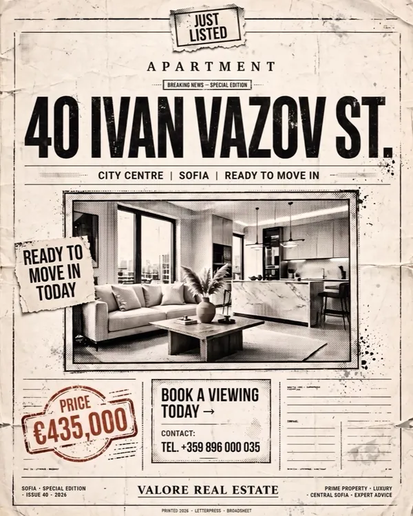 Ad for the same Sofia listing styled as a vintage newspaper front page, price €435,000