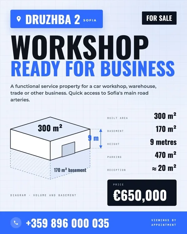 Ad for a real commercial listing in Druzhba 2, Sofia: a workshop diagram with 300 m², 9 m height and a price of €650,000